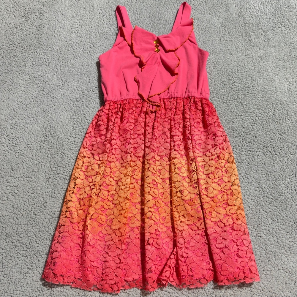 👉 Bonnie Jean Girls Lace Ombre Dress Pink Orange Ruffle Size 14